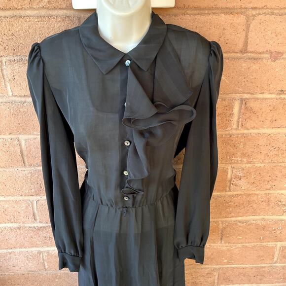 VTG Jeri New York Chiffon Black Sheer Ruffle Button Front Dress Long Sleeve 8 - Picture 2 of 11